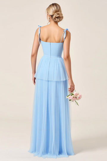 Sky Blue Tulle A Line Long Bridesmaid Dress with Slit